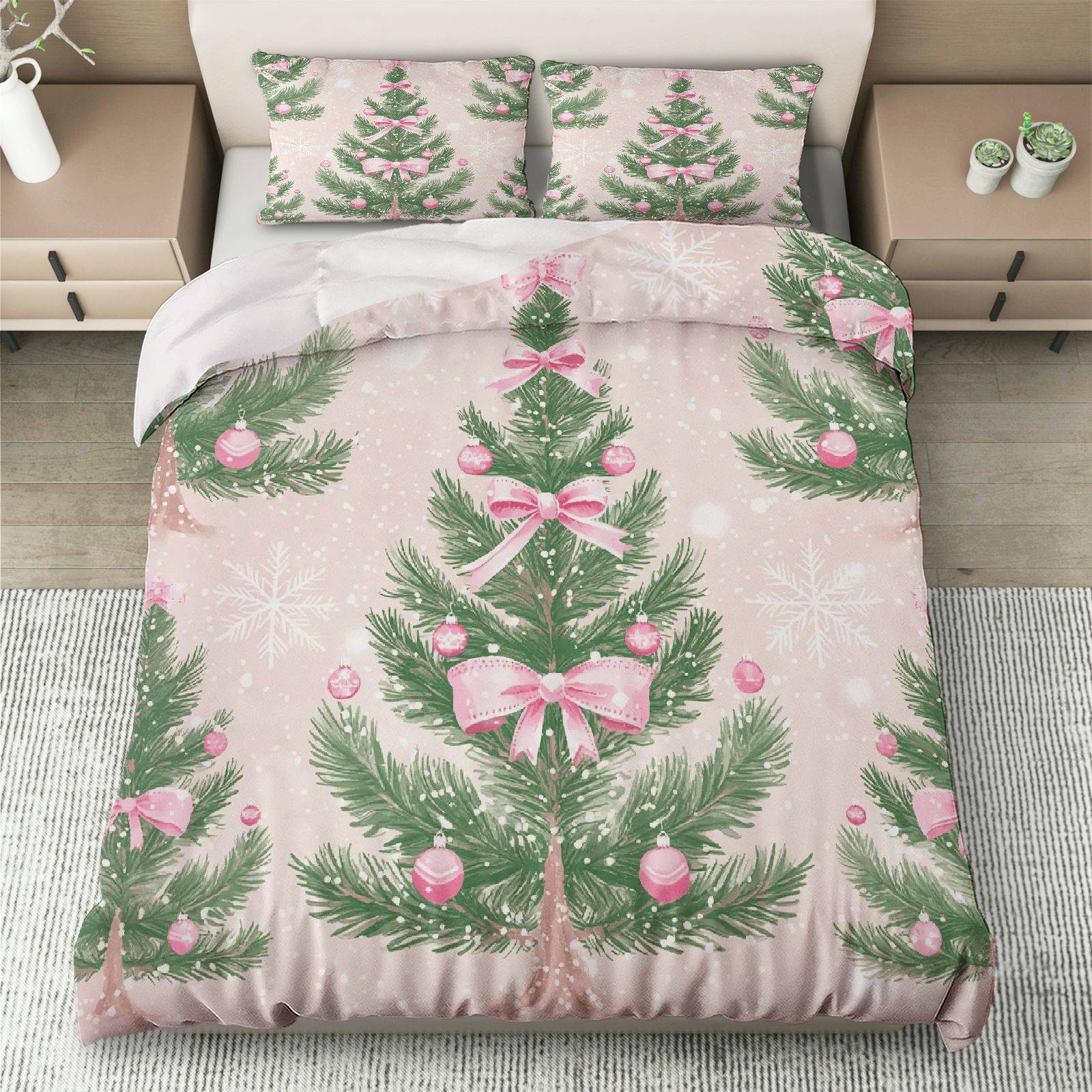 

3Pcs Festive Christmas Tree & Snowflake Duvet Cover Set - Pink Ribbon Design, Polyester, Zippered, Machine Washable Duvet Cover Set&EU Single(135x200cm)