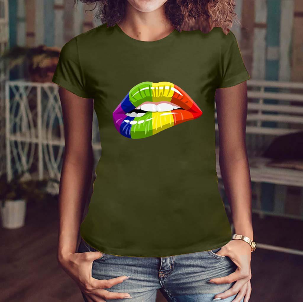 Women Girls Plus Size Lips Print Shirt Short Sleeve T Shirt Blouse Tops