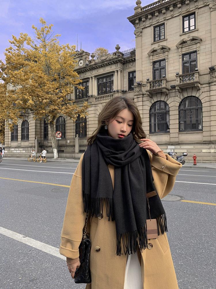 Scarf Women's Autumn and Winter Warm Thickened Cashmere Scarf Versatile Fringed Shawl Korean Version Solid Color Scarf