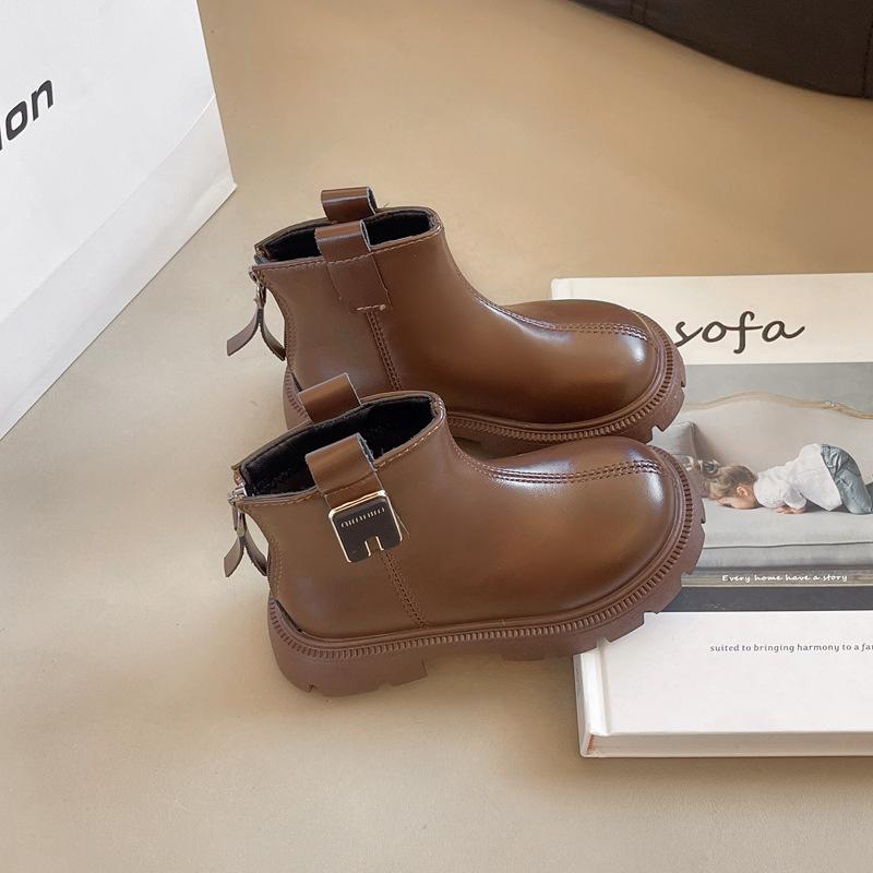 

Children Ankle Boots Autumn Boys Girls Leather Boots Versatile Soft Sole Zipper Retro British Style Kids Short Boots 36 коричневий