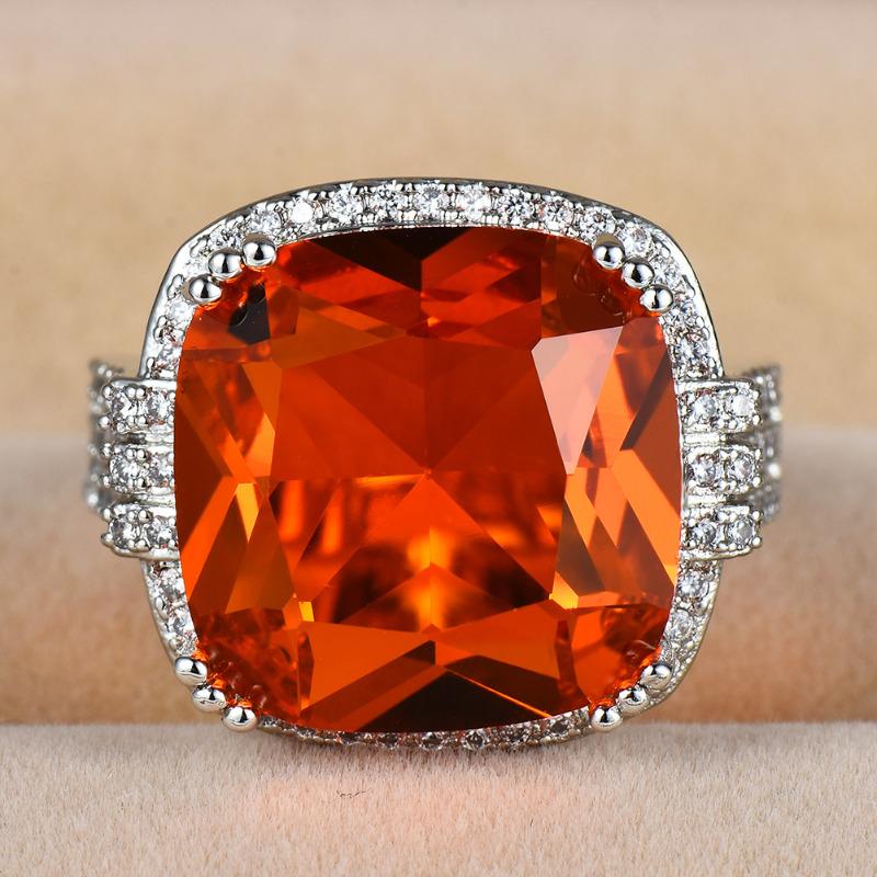 Luxury Big Square Orange Zircon Rings for Women Boho Style Silver Color Engagement Wedding Ring Party Jewelry