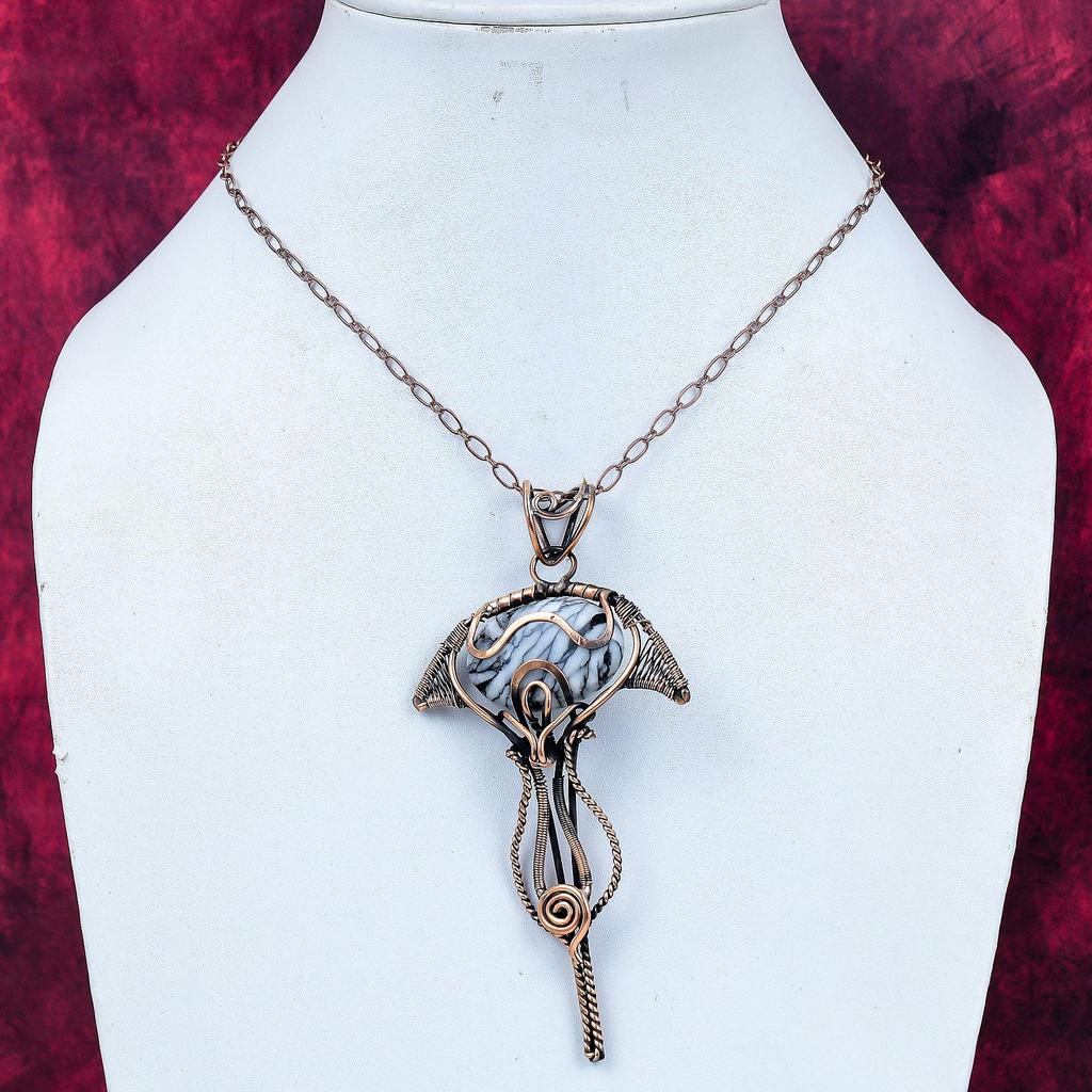 Pinolith Jasper Gemstone Pendant Copper Wire Wrapped Rainbow Moonstone Jewelry