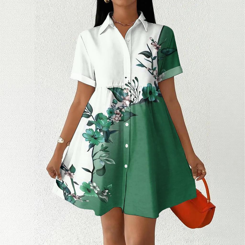 Women’s Casual Loose Fit Shirt Dress with Button Front Stand Collar Short Sleeve Polka Dot and Stripe Print Design