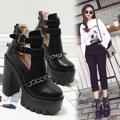 Botas de tornozelo sexy mulheres salto alto casual recortes fivela dedo do pé redondo corrente sapatos plataforma de salto grosso