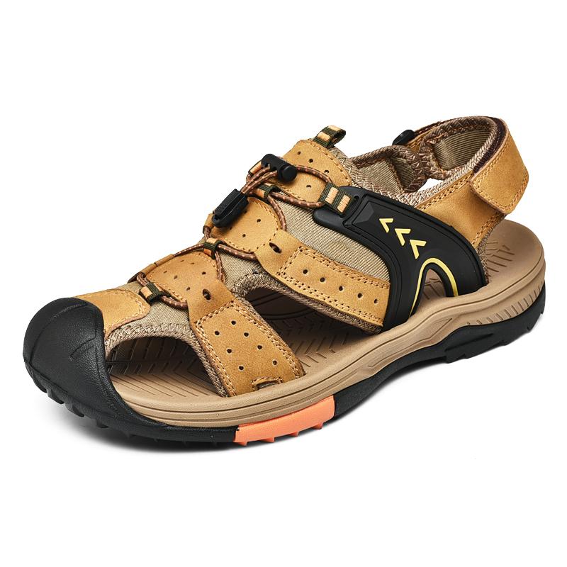 Fashion Golden Sapling Outdoor Men's Sandals Genuine Leather Flats Retro Mountain Trekking Footwear Classics Summer Beach Shoes for Men