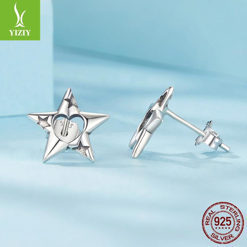 S925 Sterling Silver Hollow Five-Pointed Star Stud Earrings, Simple Personality Trend Star Silver Stud Earrings