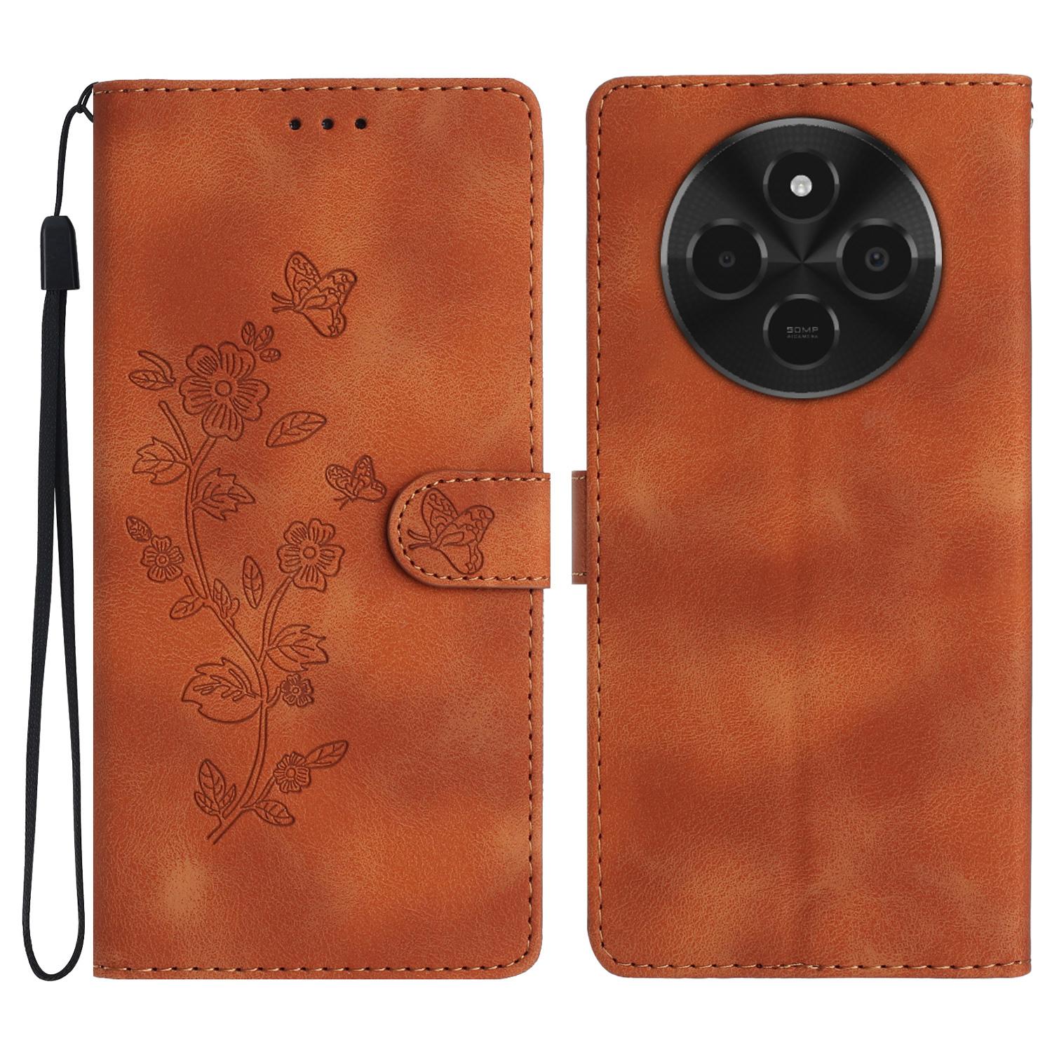 

Для Xiaomi Poco C75 4G/Redmi 14R 5G/14C 4G Чехол Кожаный Тисненый Цветочный Чехол для Телефона Кошелек с Ремешком на Запястье Brown