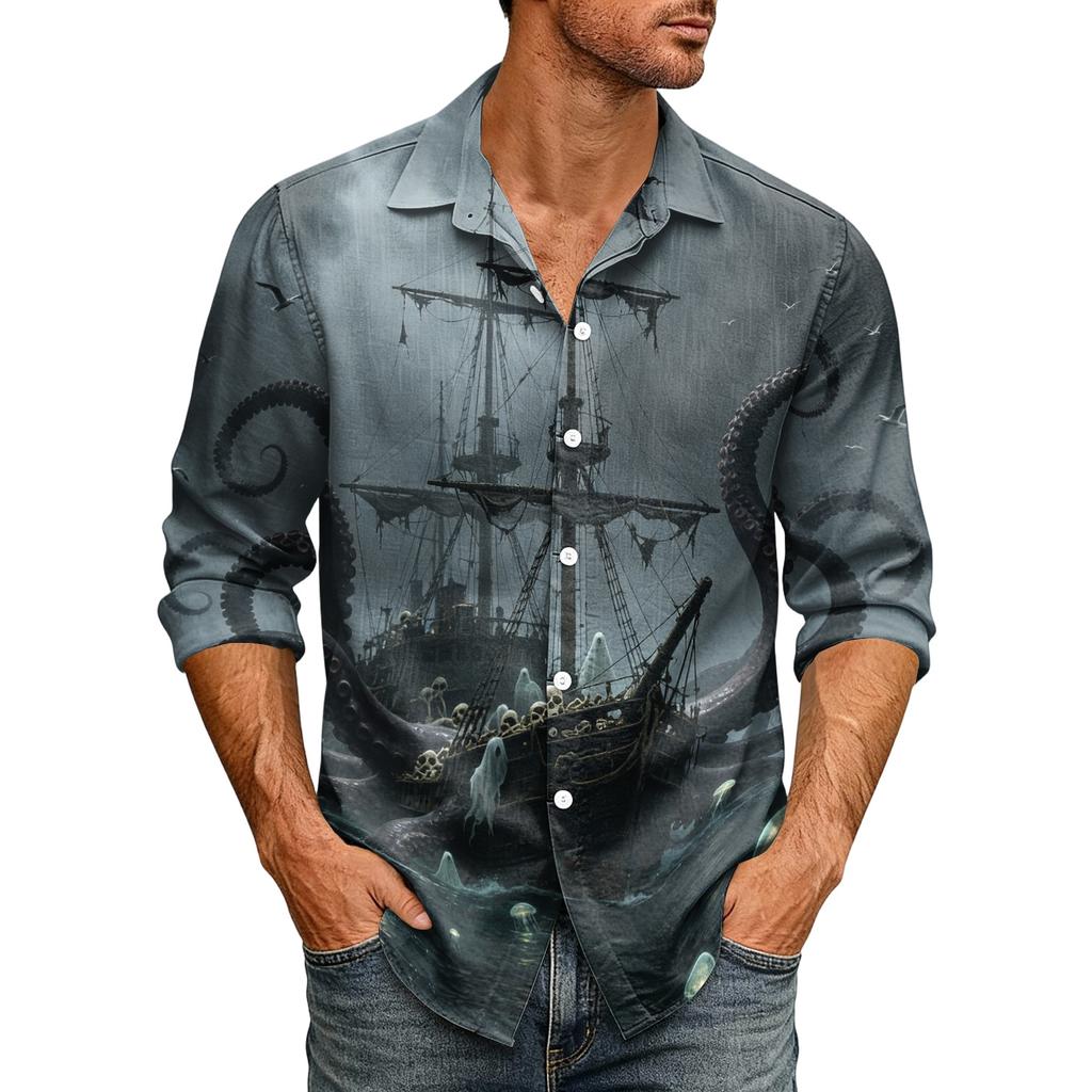 Men's Long Sleeve Cardigan with Halloween Print Casual Top