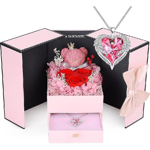 Suturun Законсервированные Розы Вечные Цветы с Ожерельем Подарки для Женщин, Вечные Розы и Милый Медведь из Мха Подарки для Нее Девушки Жены Мамы на Pink Angel-Moss