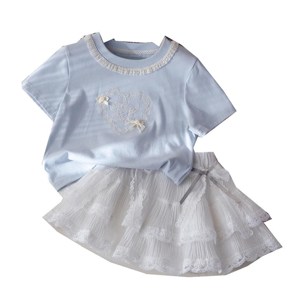 Girls Summer 2 Piece Outfit Short Sleeve Round Neck T Shirt With Lace Tiered Cake Skirt Stylish Kids Clothing Set