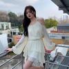 High-quality Korean version of autumn clothing, new sweet temperament, apricot neck off-the-shoulder top, waist skirt, two-piece suit for women