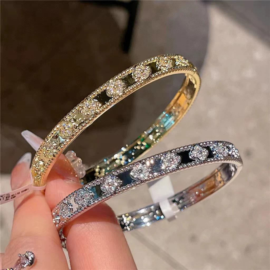 Exquisite Zircon French Flower Open Bangle: Luxurious, Versatile, High-End Fashion Bracelet