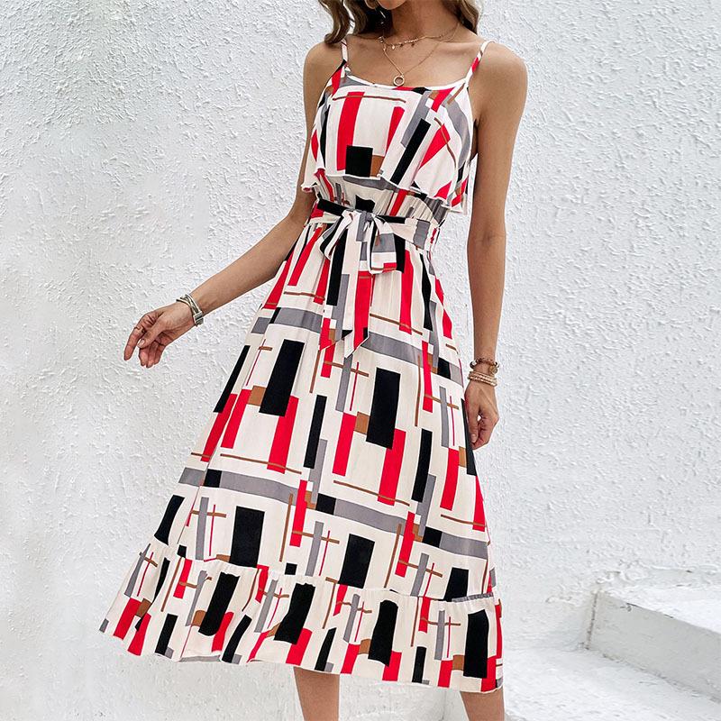 Amazon Independent Station New European and American Summer Women s Cross-border Holiday Style Stripe Printed Lace-Up Dress S белый