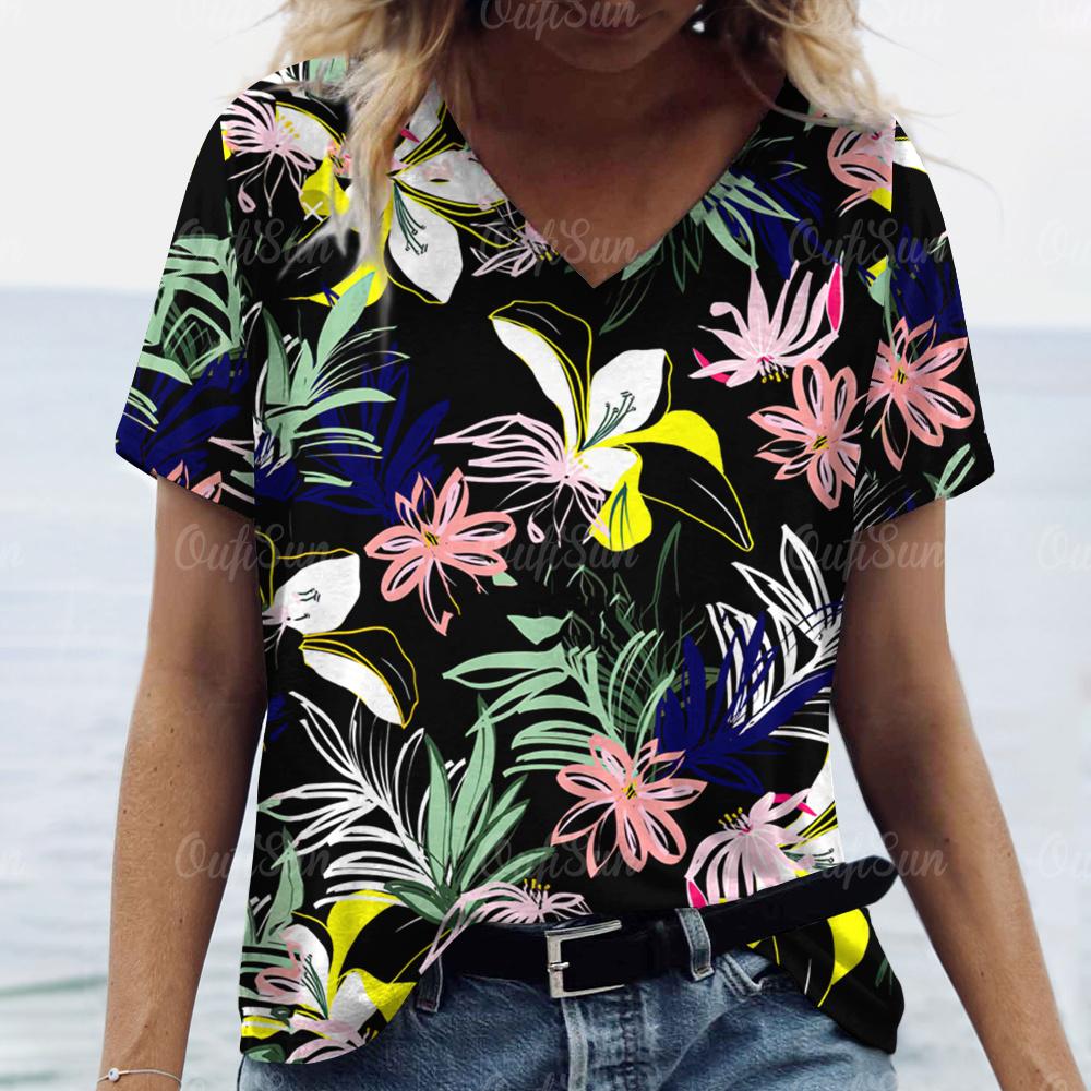 2024 T-Shirt für Damen Floral bedruckte Oberteile Damen Übergröße Kleidung T-Shirts Sommer V-Ausschnitt Oberteile Shirt Original Design T-Shirts