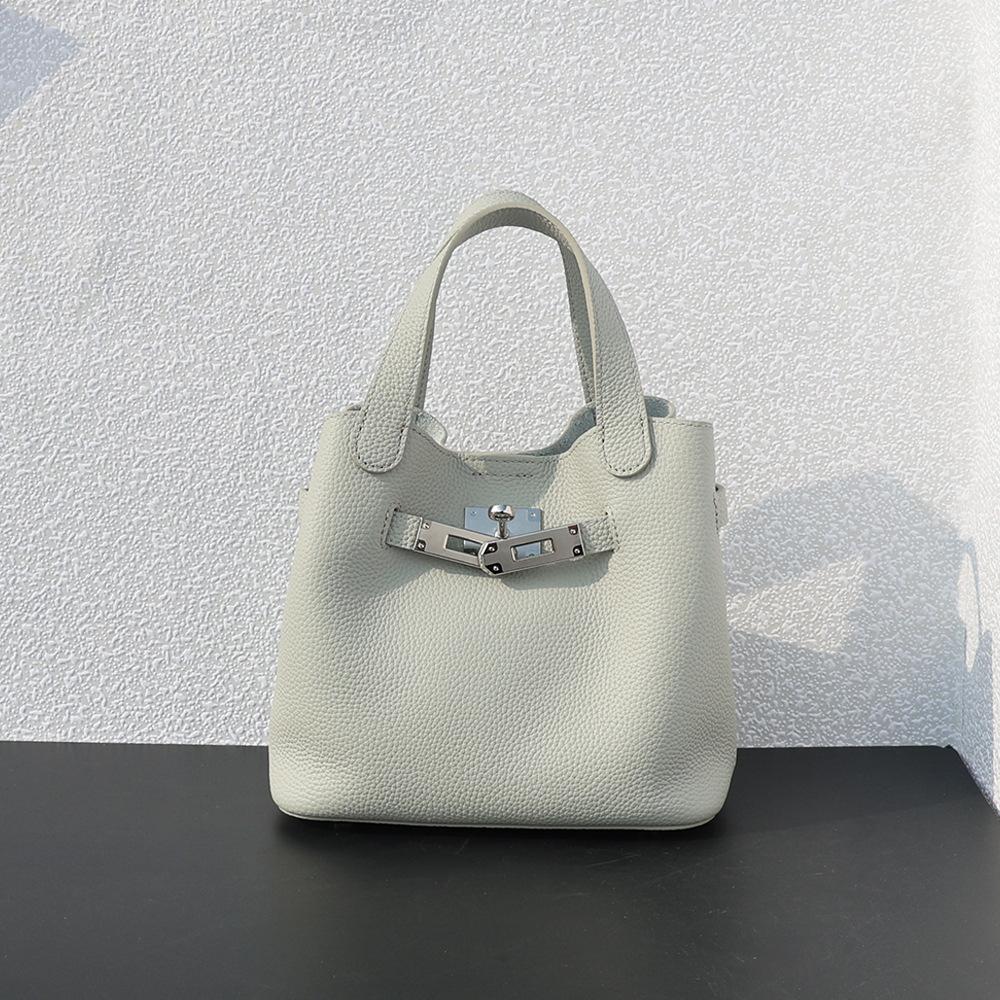 Top layer cowhide handbag genuine leather lychee pattern vegetable basket bag simple and lightweight versatile shoulder bag women's bag