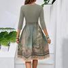 Women's Fashion Casual Waistband Seven Sleeve Round Neck Floral Flowy Dresses