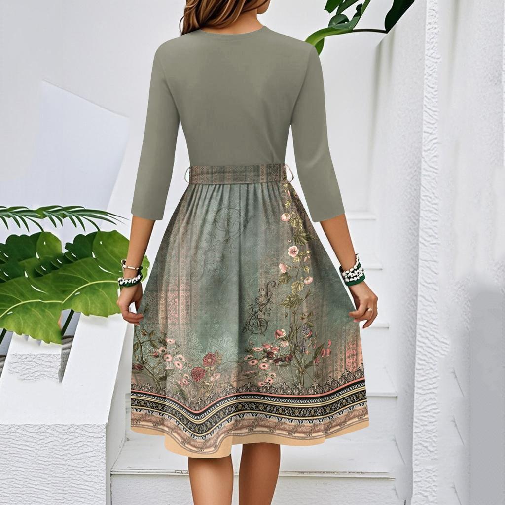Women's Fashion Casual Waistband Seven Sleeve Round Neck Floral Flowy Dresses