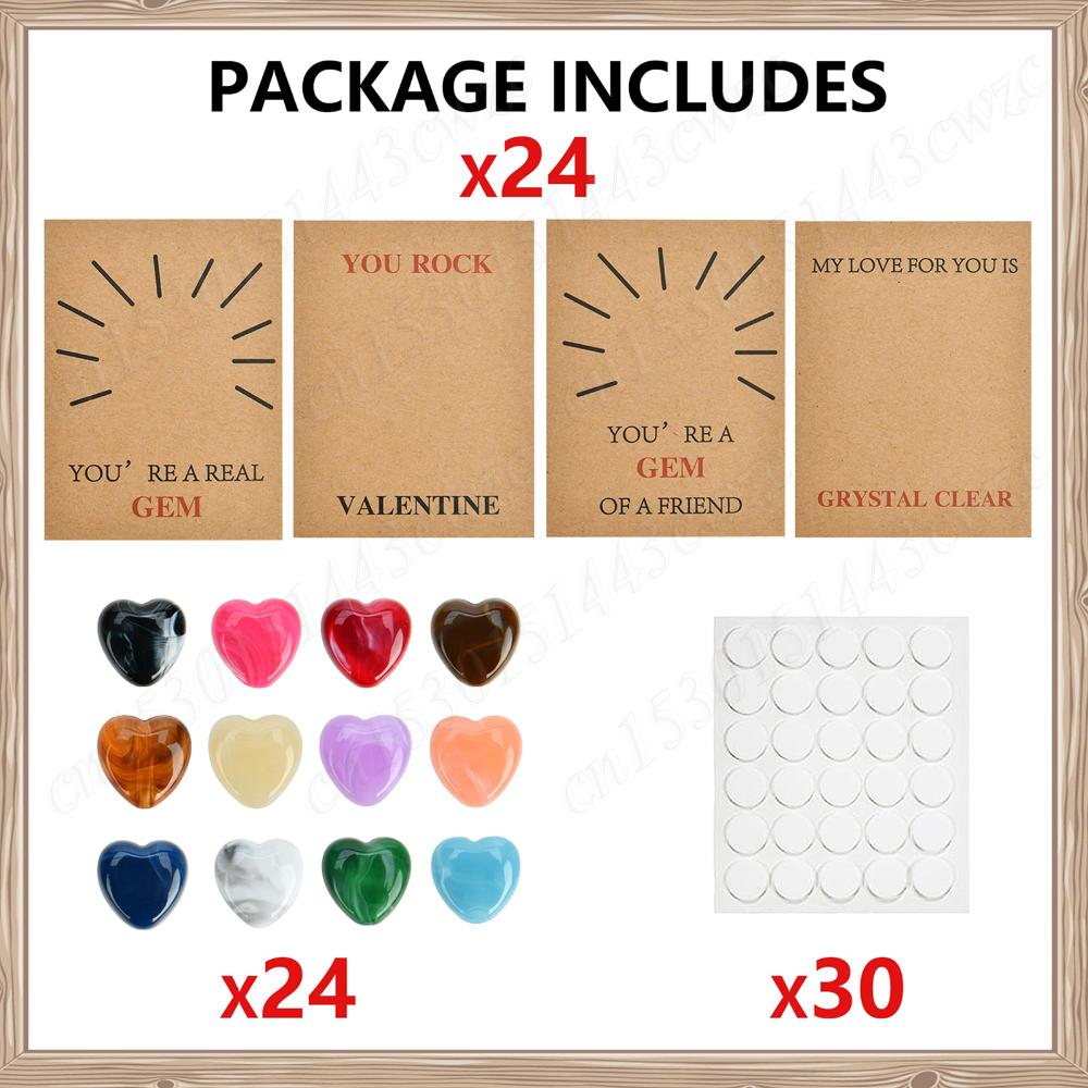 24 Pcs Valentines Gift Cards with Heart-Shape Crystal Gems Valentine Exchange Card for Boys & Girls Classroom School Party Favor