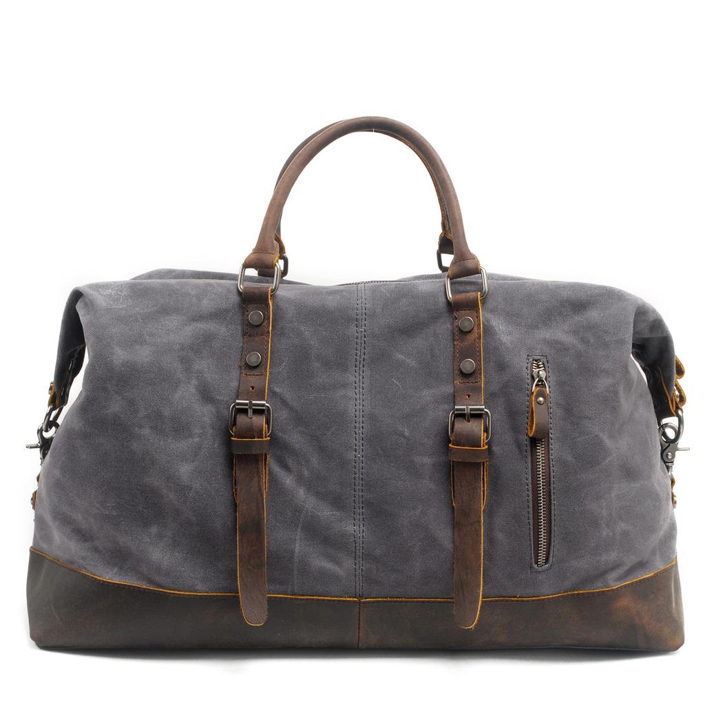 Borsa da Viaggio da Uomo di Grande Capacità, Borsa da Bagaglio a Tracolla in Tela Cerata Impermeabile Stile Europeo e Americano con Pelle Crazy Horse