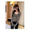 Women's Slim-Fit Striped V-Neck Long-Sleeve T-Shirt - Spicy Girl Korean Style Autumn/Winter