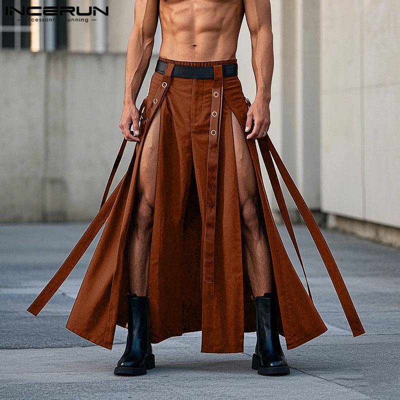 INCERUN Herren Elastischer Bund Lange Quaste Plissiert Lässig Schlitze Swing Kilt Röcke