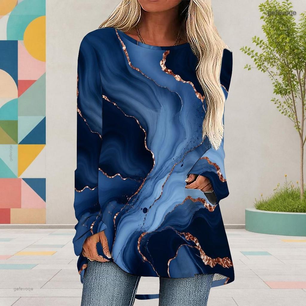 Women Plus Size Round Neck Long Sleeve Colorful Striped Printed Cyan Loose Blouse High Low Hem