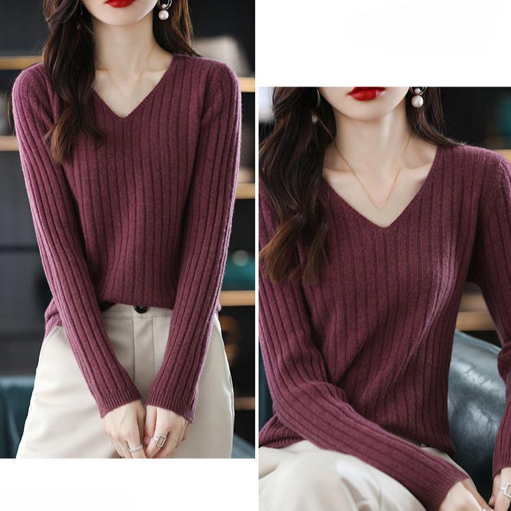 V-neck Pullover Women's Casual Long Sleeved Short Sweater Solid Color Simple Warm Knit Sweater Autumn and Winter Top