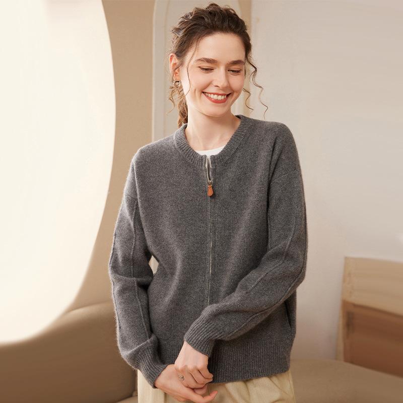 Women's Casual Cashmere Zipper Cardigan - Thick Knit Round Neck Sweater