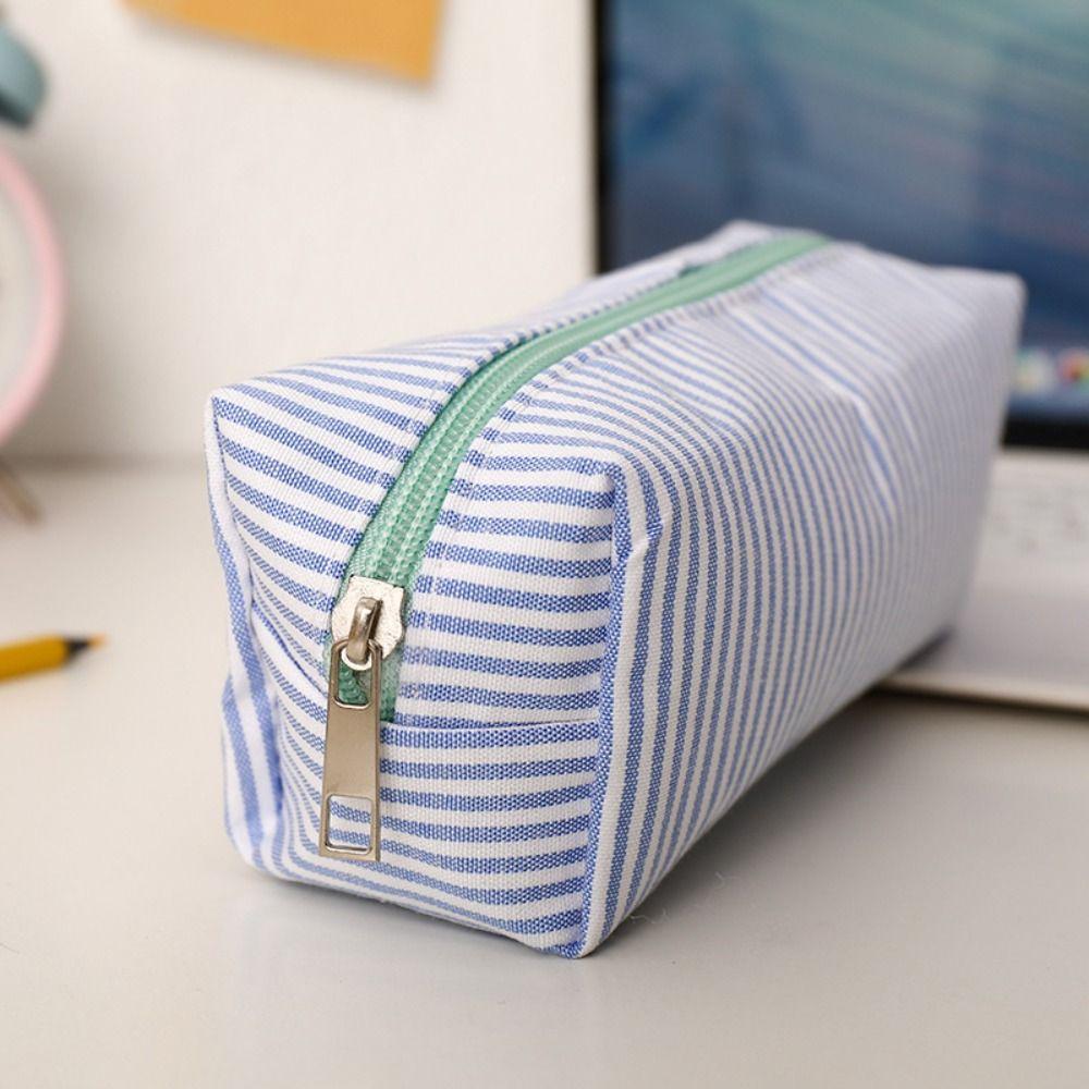 Stripe Design Pen Bag Seersucker Pen Pouch Simple Stationery Organizer  Back to School