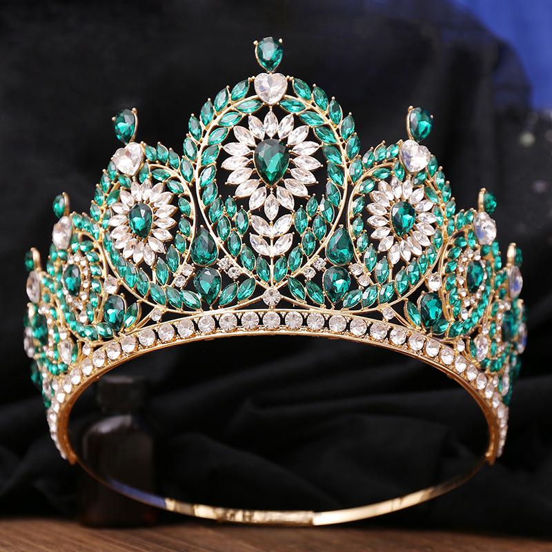 Luxury Royal Queen Green Wedding Crown Rhinestone Big Tiara Party Show Hair Jewelry for Pageant High Diadem Bridal Gifts