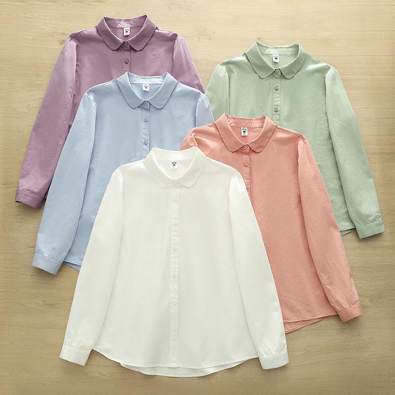 Spring Autumn Pure Cotton Women's Doll Collar Long Sleeve Shirt