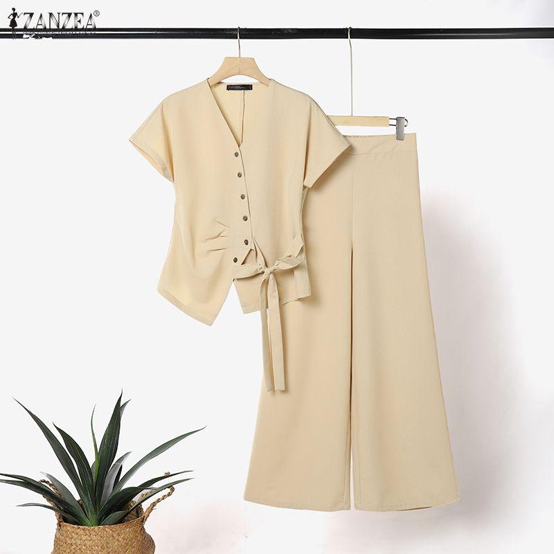 ZANZEA Women Short Sleeve Blouse and Long Pants Casual Two Piece Suit Sets