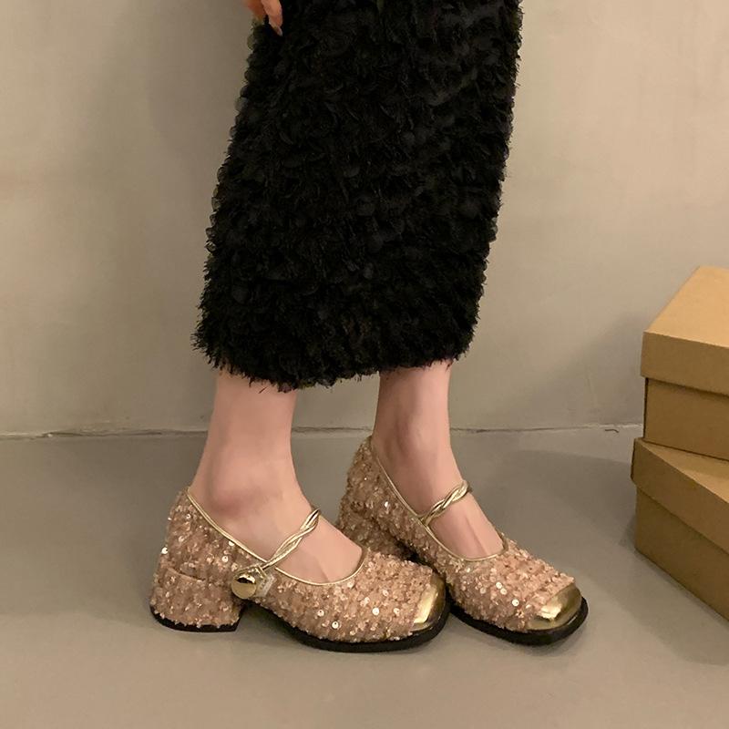 Coarse heeled mid length follow-up shoes for women 2025 new spring fairy style French evening shoes