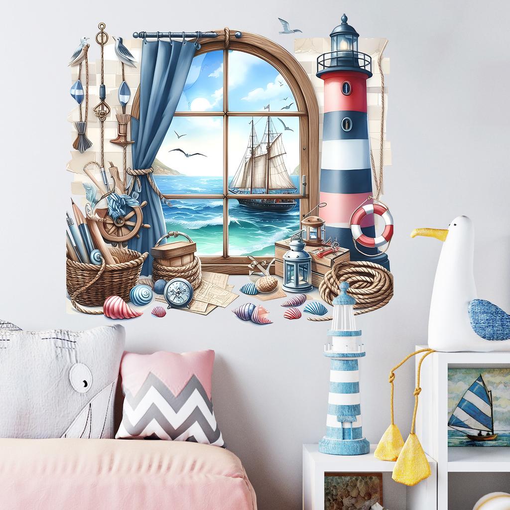 Adesivi Decorativi Creativi per Parete di Soggiorno e Camera da Letto a Tema Faro Vista Mare Vela Conchiglia