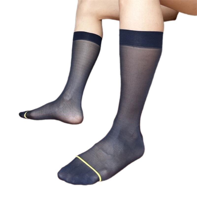 Men's Over The Calf Dress Socks Breathable Fabric Thin See Through Nylon Stockings for Formal Event and Business Meeting