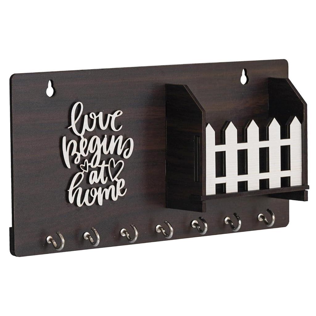 Wooden Matte Finish Designer Home Side Wall Shelf, Key Holder with 7 Keys Hooks (Brown) (LoveBeginsathome)