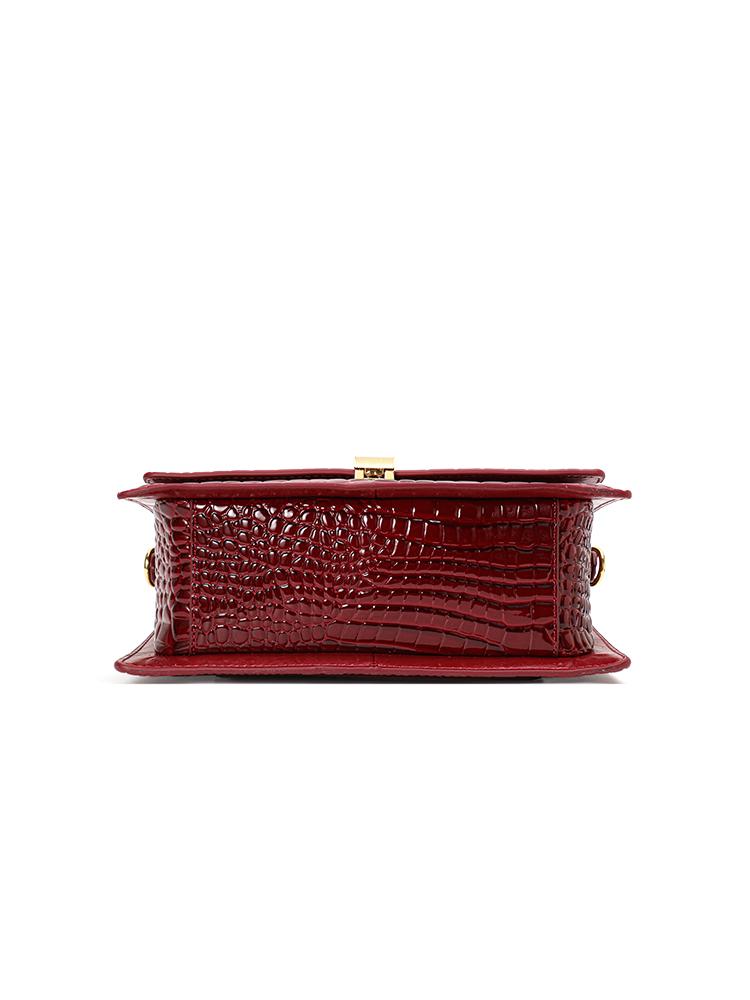 Wine Red Crocodile Pattern Handbag, Glossy Small Square Bag, Suitable for Commuting and Dating