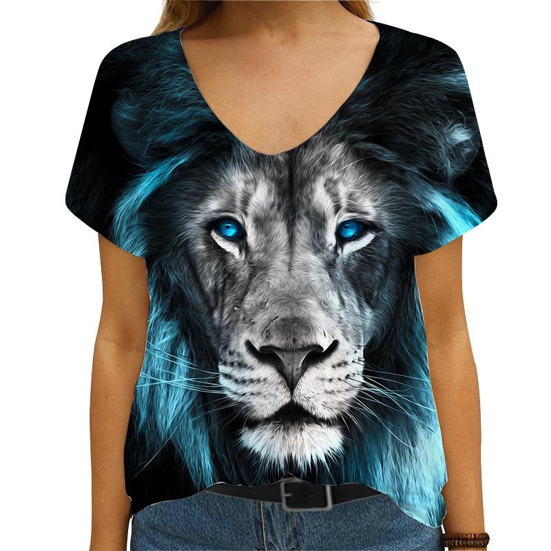 

Летний тренд с принтом льва 3d женская модная футболка с V-образным вырезом и коротким рукавом S