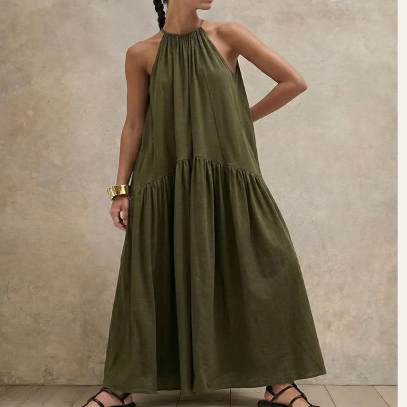 European and American summer new elegant vacation neck sleeveless cotton and linen dress