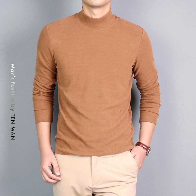 Men's Double-Sided Velvet Half-High Collar Long-Sleeve Black T-Shirt for Autumn and Winter