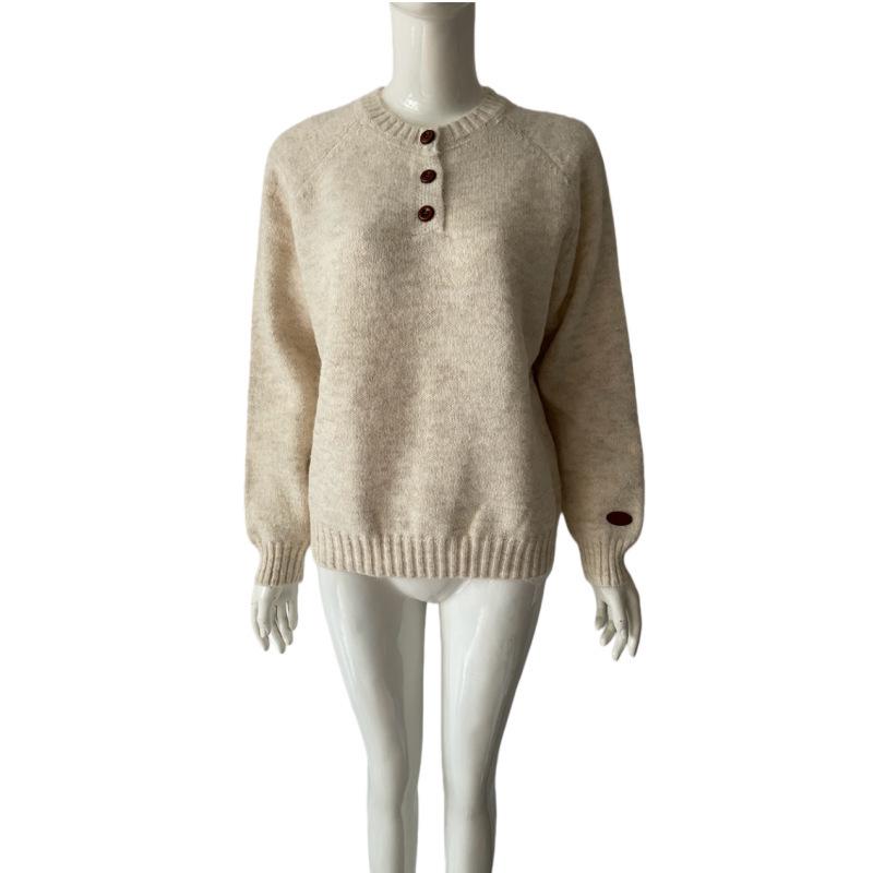 V-neck Solid Color Button Sweater for Women - 2026 Autumn/Winter Loose Knit Casual Pullover.