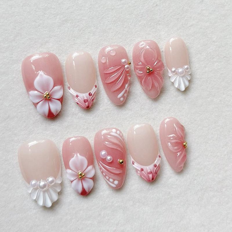 24pcs Wearable Press On Nails Strawberry Bow Design Nails Tips Red Short Almond Pearl Starlight Fake Nail Art Flower False Nails