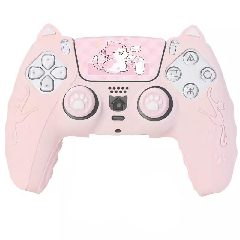 

Lovely Cat Silicone Soft Protector Sticker Skin For Sony Playstation Dualsense 5 PS5 Controller Case Thumb Stick Grip Cap Cover розовый
