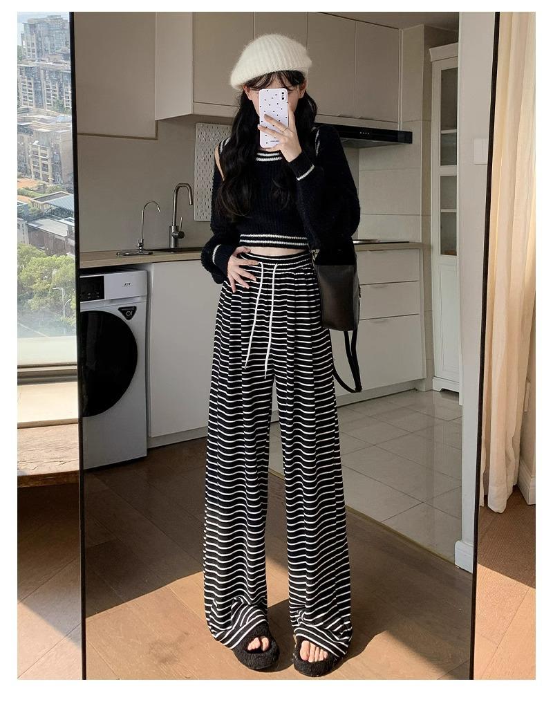 Women's High Waist Wide Leg Stripe Pants - Relaxed Drape Yamamoto Design for Spring/Autumn