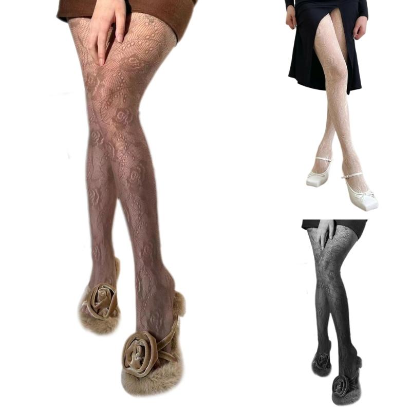 Women Chinese Style Sexy Hollowed Sheer Fishnet Pantyhose Rose Flower Jacquard Patterned Vintage Leggings Mesh Tights