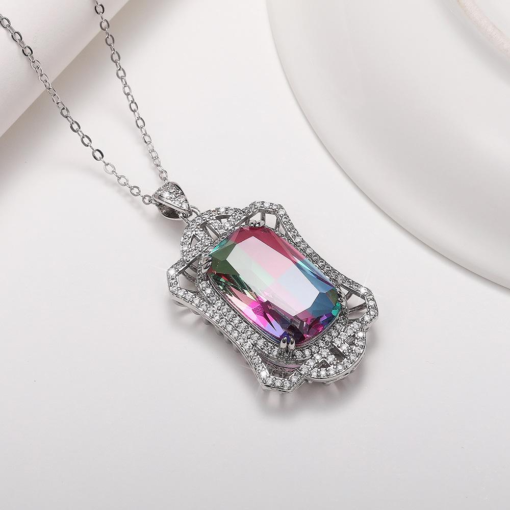 Luxury Color Treasure Tourmaline Color Pendant, Hollow Court Style Gradual Change Color Zircon Necklace, Mother'S Day Gift