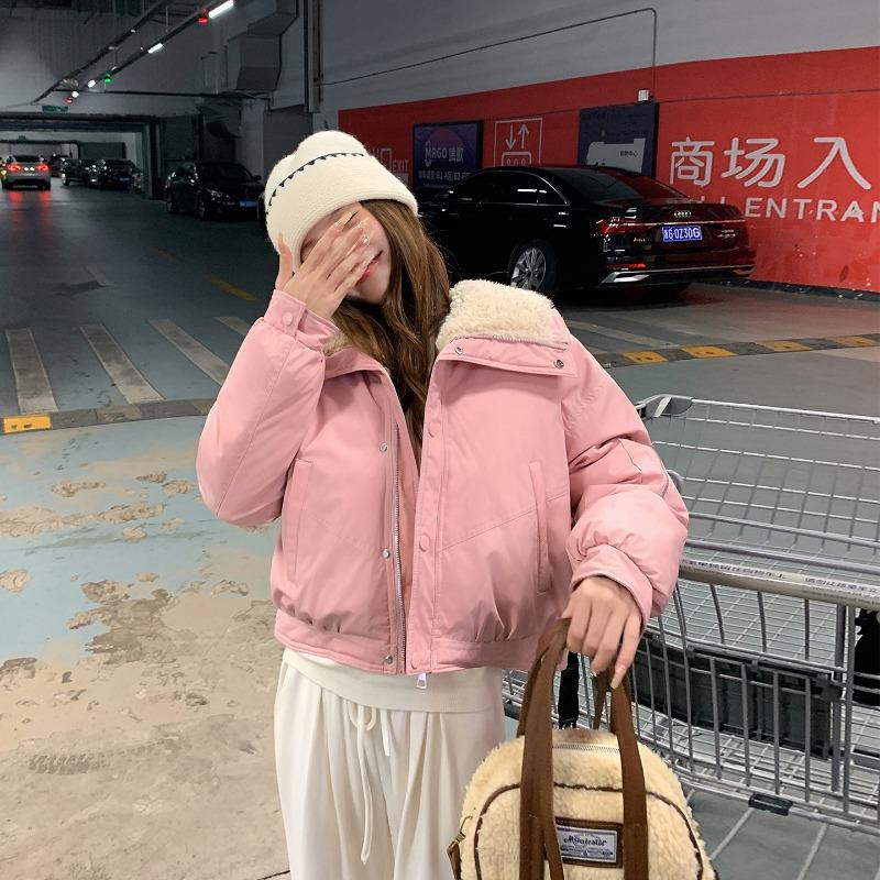 Lamb wool lapel Parker short cotton clothes women's winter clothes new small high waist thickened bread clothes trendy