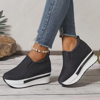Scarpe da Ginnastica in Tela con Suola Spessa Moda Donna 2022: Punta Tonda, Zip Laterale, Plateau con Tacco Alto
