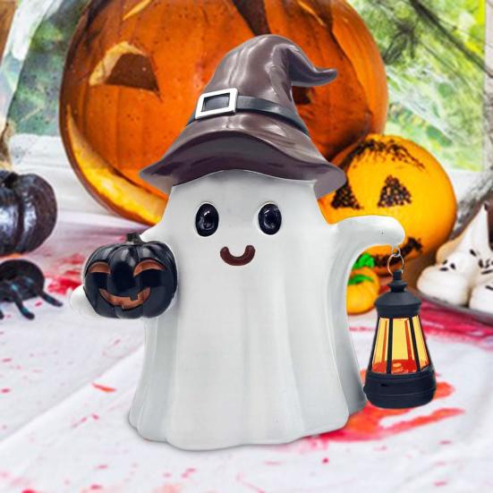 Solar Cute Ghost Statue Halloween Desktop Ornament Weather-Resistant Handmade Resin Pumpkin Ghost Figure with Light