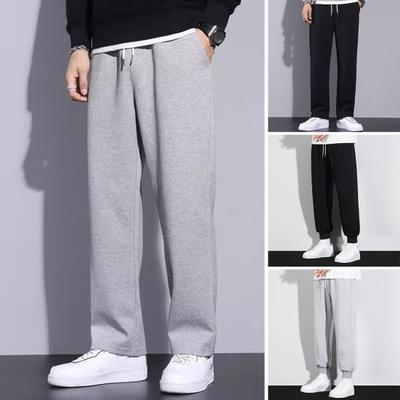 Men Spring Fall Pants with Side Pockets Drawstring Elastic Waist Wide Leg Thin Slacks Solid Color Loose Street Style Sport Trousers